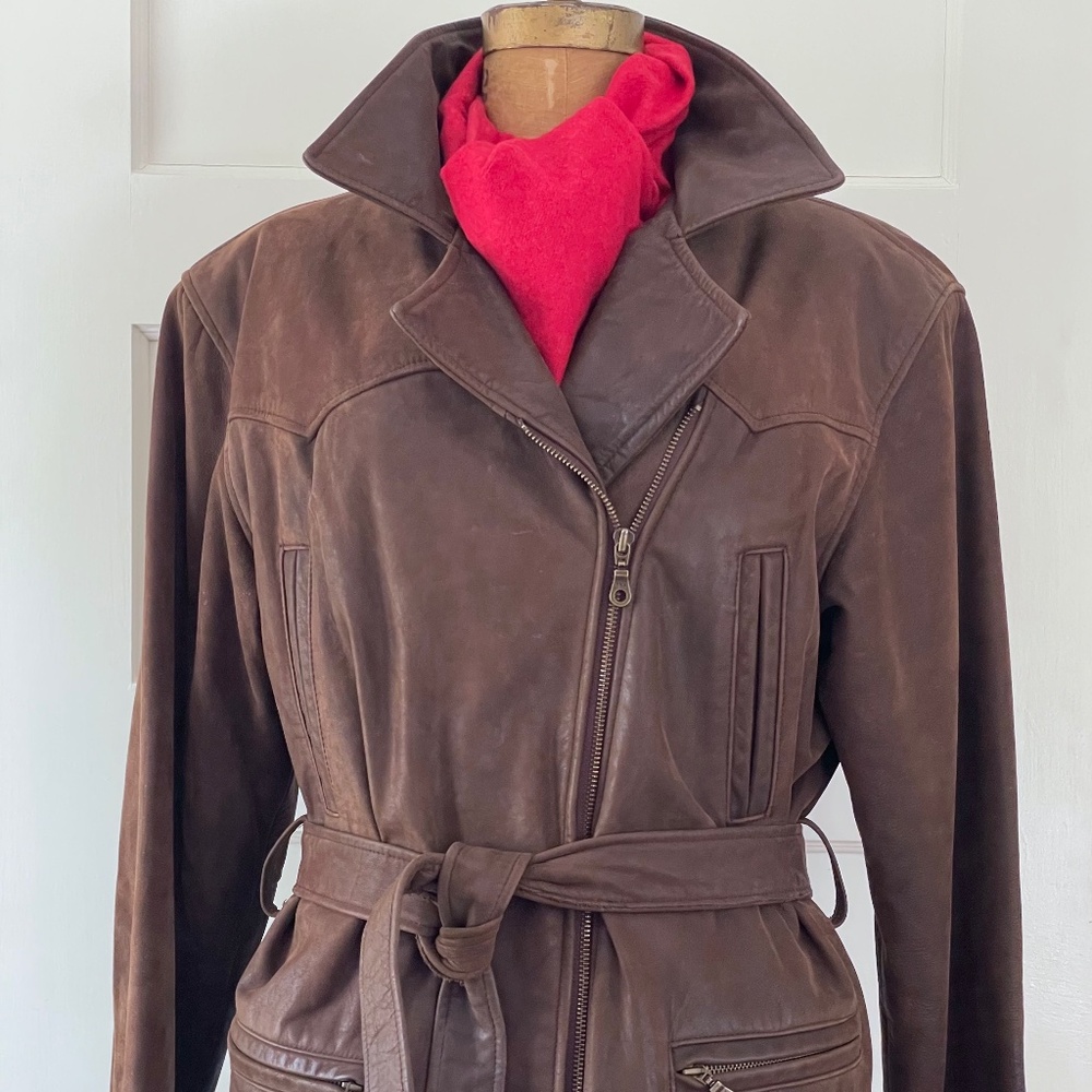 Vintage Brown Belted Leather Jacket | Asymetrial Zipper Closure Medium